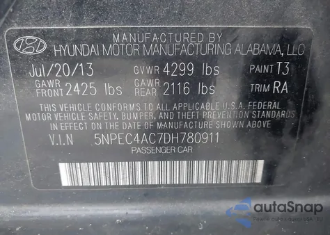 2013 Hyundai Sonata Se from USA, damaged, VIN 5NPEC4AC7DH780911